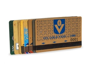 Ross Oakley's 1988/1989 VFL and 1990-1996 AFL Gold Pass swipe cards (all prominently marked as member #1), stemming from his pivotal years as VFL/AFL chairman and CEO. (9 items)