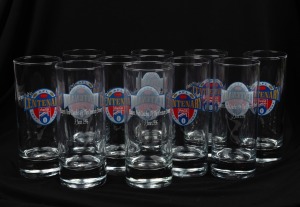AFL CENTENARY: Set of ten highball drinking glasses featuring AFL Centenary logo and engraving that reads 'Players And Coaches Of The Century Dinner 3 June 1996', each 16cm high. (10 items)
