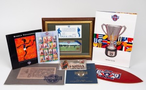 AFL CENTENARY: Group lot of items including Centenary Ball programme/menu, Centenary Ball commemorative booklet, leather pre-production football logo sample signed by Oakley, Centenary Stamp Booklet Collection with all clubs represented, set of sixteen po