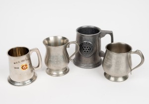Four pewter mugs, including MCC 150 Years with inscription 'Presidents XI v XXIX Club - Ross Oakley', Carlton United Breweries with inscription 'Ross Oakley Chief Executive Officer Australian Football League Sportzlink Presenter 1995', Rotary Club of Kyne