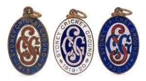 SYDNEY CRICKET GROUND MEMBERSHIP FOBS: A collection from the estate of Geoffrey Austin Street (1894-1940, a Minister in various defence related portfolios under Robert Menzies between 1939 and 1940, when he died in an aircraft crash near Canberra): 1913-14 (engraved G.A. Street), 1919-20, 1920-21, 1921-22, 1922-23, 1923-24, 1924-25, 1925-26, 1926-27, 1927-28, 1928-29, 1929-30, 1930-31, 1931-32, 1932-33, 1933-34, 1934-35, 1935-36, 1936-37, 1937-38, 1939-40 and 1940-41. (22 items).