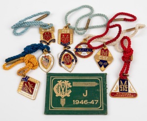 MELBOURNE CRICKET CLUB - COUNTRY MEMBERSHIP FOBS: 1947-48, 1949-50, 1954-55, 1955-56, 1956-57, 1957-58, 1958-59, 1959-60, plus 1946-47 J Membership Card No.1 issued to A.A.Street. (9 items).