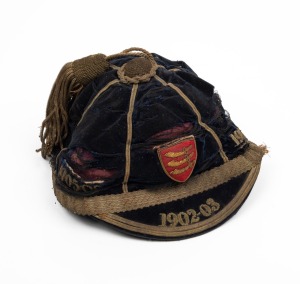 An Essex County F.A. representative football cap, awarded for the seasons 1902-03, 1903-04, 1904-05 and 1905-06; some damage.