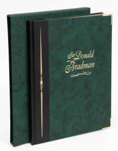 Menus for the first Don Bradman Memorial Luncheon at the MCC Members Dining Room on 27 August 2001; together with the special "Sir Donald Bradman" album produced by Australia Post.