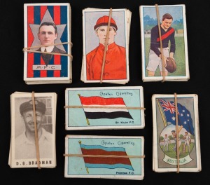 5 · CIGARETTE & TRADE CARDS: 1910 WILLS "Victorian Football League [18 diff.], 1910 WILLS "Victorian Football Association" [10 diff.], 1913-14 SNIDERS & ABRAHAMS "Victorian League Players" part set [34/60], 1921 J.J. SCHUH "Australian Jockeys" part set [5/30], 1922 J.J. SCHUH "Victorian League Footballers" part set [19/60], 1936 ALLEN'S "Sports and Flags of Nations" part set [23/36, incl. cricket in Australia and England]; 1946-47 COLES "Cricketers in Australia" (no frames) part set [20/40].