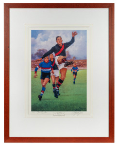 ESSENDON LEGEND "KING RICHARD REYNOLDS" by D'Arcy Doyle, limited edition colour lithograph (128/1500), signed by Dick Reynolds and the artist in the margin at base. Framed and glazed, 101 x 80cm overall.