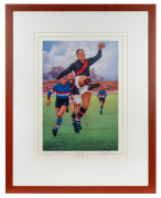 ESSENDON LEGEND "KING RICHARD REYNOLDS" by D'Arcy Doyle, limited edition colour lithograph (128/1500), signed by Dick Reynolds and the artist in the margin at base. Framed and glazed, 101 x 80cm overall.