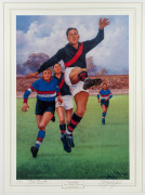 ESSENDON LEGEND "KING RICHARD REYNOLDS" by D'Arcy Doyle, limited edition colour lithograph (128/1500), signed by Dick Reynolds and the artist in the margin at base. Framed and glazed, 101 x 80cm overall. - 2
