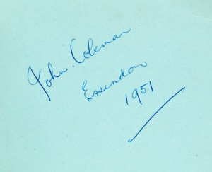JOHN COLEMAN (Essendon): Strong signature on autograph album page in blue pen "John Coleman, Essendon, 1951", housed in a vintage blue autograph album (pages loose).