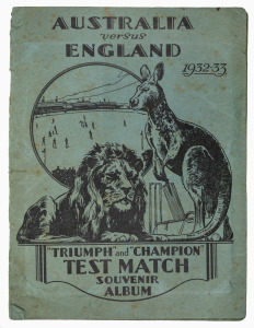 AMALGAMATED PRESS LTD: 1932 "Australian & English Cricket Stars" complete set [32] loosely inserted into special "'Triumph' and 'Champion' Test Match Souvenir Album" showing details of the forthcoming season, including the Ashes ('Bodyline') series; album
