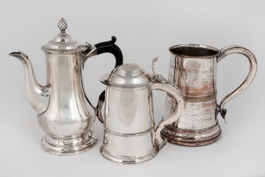 Two Georgian tankards, one unmarked silver, the other Sheffield plate; together with a Georgian Sheffield plated teapot, 18th/19th century, (3 items), the largest 22cm high