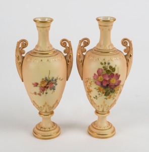 ROYAL WORCESTER pair of antique English porcelain urns with hand-painted floral decoration, 19th/20th century, green factory mark to base, 16.5cm high