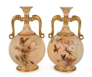 ROYAL WORCESTER pair of antique English porcelain vases with butterfly and floral decoration, 19th/20th century, puce factory mark to base, 18cm high