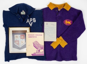 Ross Oakley's Wesley football guernsey, worn during the 1959-61 seasons in which the Wesley team won all three Associated Public Schools Premierships. Accompanied by a combined APS guernsey worn against the High Schools team, together with his 1961 Triple Honour Colours blazer pocket with letter from chairman, plus a copy of the August 1961 Wesley College Chronicle featuring a write-up on Oakley's achievements shortly before his start with the St Kilda Football Club in 1962. (5 items)