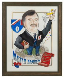Original pen-and-ink caricature of Ross Oakley triumphantly towering over a crowded MCG, the AFL logo over his right shoulder, framed and glazed, 55.5 x 45cm overall.
