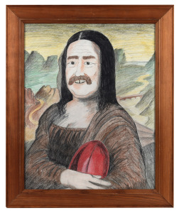 Original crayon, pencil, and ink artwork depicting Ross Oakley as a football-loving Mona Lisa, framed and glazed, 61 x 51cm overall. Presented to Oakley by Eddie McGuire as part of a Channel 9 Footy Show competition segment, the unnamed artist evidently c