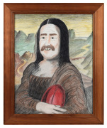 Original crayon, pencil, and ink artwork depicting Ross Oakley as a football-loving Mona Lisa, framed and glazed, 61 x 51cm overall. Presented to Oakley by Eddie McGuire as part of a Channel 9 Footy Show competition segment, the unnamed artist evidently c