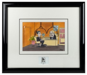 The Footy Show 1997 original pen-and-ink illustration by artist Andrew Fyfe for the episode 'Get Smartin', framed and glazed, 45 x 25.5cm overall, with COA. Oakley is depicted at AFL headquarters in deep discussion with a colleague under the famous 'Cone 
