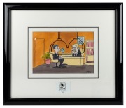 The Footy Show 1997 original pen-and-ink illustration by artist Andrew Fyfe for the episode 'Get Smartin', framed and glazed, 45 x 25.5cm overall, with COA. Oakley is depicted at AFL headquarters in deep discussion with a colleague under the famous 'Cone 