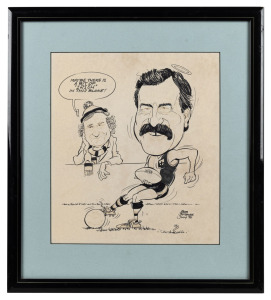 Original pen-and-ink caricature depicting renowned historian Geoffrey Blainey commenting on Oakley's football prowess. The artwork by Bob Shields, dated July 1990, framed and glazed, 49 x 43.5cm overall.