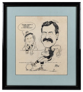 Original pen-and-ink caricature depicting renowned historian Geoffrey Blainey commenting on Oakley's football prowess. The artwork by Bob Shields, dated July 1990, framed and glazed, 49 x 43.5cm overall.