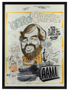 An original caricature by WEG, signed and dated 1980 at lower left, depicting Oakley and his characteristic tendency to bulldoze the opposition, framed and glazed, 58 x 78.5cm overall, accompanied by an amusing desktop trophy featuring a car on its side w