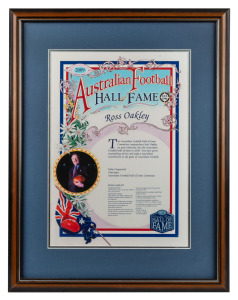 AFL HALL OF FAME: Ross and Christine Oakley's invitation and ticket to the AFL Hall of Time Inaugural Induction Ceremony 1996, together with the menu signed on the rear by initial inductees Graham 'Polly' Farmer, Leigh Matthews, Jack Dyer, Ron Barassi, Di