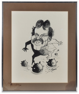 Original pen-and-ink caricature of Ross Oakley navigating a minefield, artwork by Les Tanner, framed and glazed, 51.5 x 42.5cm overall.
