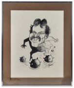 Original pen-and-ink caricature of Ross Oakley navigating a minefield, artwork by Les Tanner, framed and glazed, 51.5 x 42.5cm overall.