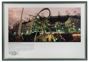 MCG: Photograph of The Great Southern Stand signed at lower left by architect Daryl Jackson, with message 'To Ross Oakley With Best Wishes', framed and glazed, 77.5 x 53cm overall.