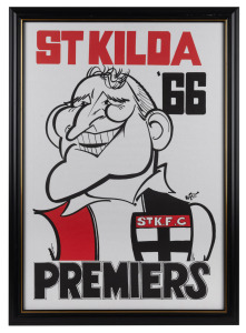 WEG: St Kilda 1966 Premiers poster depicting Darrel Baldock, framed and glazed, 51 x 70cm overall.