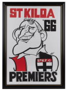 WEG: St Kilda 1966 Premiers poster depicting Darrel Baldock, framed and glazed, 51 x 70cm overall.