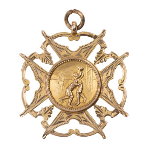 WEST FOOTBALL CLUB (Broken Hill),&nbsp;prize medal in gold (9ct; 5.32g), by R (Rollason), ring top suspension, reverse inscribed, 'W.F.C / Presented / By / H.S.Middleton. / To Arn Johns. / 1st Drop Kick. / 1916.'.&nbsp;Very attractive. H.S. Middleton, who presented