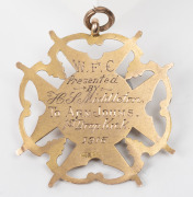 WEST FOOTBALL CLUB (Broken Hill),&nbsp;prize medal in gold (9ct; 5.32g), by R (Rollason), ring top suspension, reverse inscribed, 'W.F.C / Presented / By / H.S.Middleton. / To Arn Johns. / 1st Drop Kick. / 1916.'.&nbsp;Very attractive. H.S. Middleton, who presented - 2