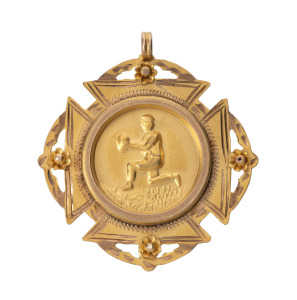 YARRA VALLEY FOOTBALL ASSOCIATION, prize fob in gold (9ct; 3.69g), ring top suspension, reverse inscribed, 'Y.V.F.A. / Premiership 1929 / won by / Y.J.F.C. / E. McEachern / Capt.'. Extremely fine. Yarra Junction Football Club won the Yarra Valley Football