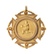 YARRA VALLEY FOOTBALL ASSOCIATION, prize fob in gold (9ct; 3.69g), ring top suspension, reverse inscribed, 'Y.V.F.A. / Premiership 1929 / won by / Y.J.F.C. / E. McEachern / Capt.'. Extremely fine. Yarra Junction Football Club won the Yarra Valley Football
