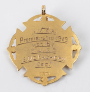 YARRA VALLEY FOOTBALL ASSOCIATION, prize fob in gold (9ct; 3.69g), ring top suspension, reverse inscribed, 'Y.V.F.A. / Premiership 1929 / won by / Y.J.F.C. / E. McEachern / Capt.'. Extremely fine. Yarra Junction Football Club won the Yarra Valley Football - 2