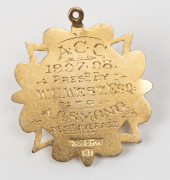 ADAMINABY CRICKET CLUB, (N.S.W.)&nbsp;prize fob in gold (9ct; 5.25g), by RI, ring top suspension, reverse inscribed, 'A.C.C. / 1907-08. / Presd By / W.H.West. Esq. / To / A.Osmond. / Best Average'.&nbsp;Very fine. - 2