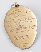 BARRACLUFF CRICKET CLUB, prize fob medal in gold (9ct; 8.98g), by W.Kerr, ring top suspension, obverse inscribed, 'SH', reverse inscribed, 'Barracluff C.C. / Bondi. / Pres. by / Ald. J.T.Barracluff. / For / Best Batting Av'ge. /S.Hews.'. Very fine. Locate - 2