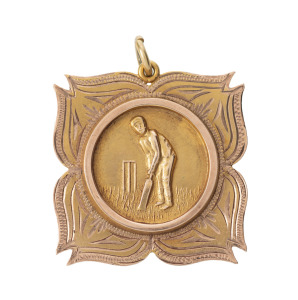 BRIGHTON DISTRICT CRICKET ASSOCIATION, (MELBOURNE),&nbsp;prize fob in gold (9ct; 3.44g), ring top suspension, reverse inscribed, 'B.D.C.A. / Second grade / Batting average / 1921-1922 / won by / V.Virtue'.&nbsp;Very fine condition.