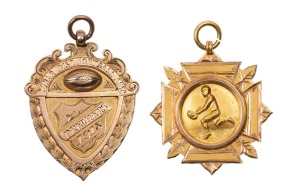 AUSTRALIAN RULES FOOTBALL AWARDS: Cobar District Football Association, prize fob in gold (9ct; 6.29g; 30x36mm), by W. Kerr, ring top suspension, obverse inscribed, 'Cobar Dist. Football Assn./Premiers/1918', reverse inscribed, 'Won by / Wrightville F.C. /