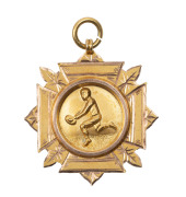 AUSTRALIAN RULES FOOTBALL AWARDS: Cobar District Football Association, prize fob in gold (9ct; 6.29g; 30x36mm), by W. Kerr, ring top suspension, obverse inscribed, 'Cobar Dist. Football Assn./Premiers/1918', reverse inscribed, 'Won by / Wrightville F.C. / - 4