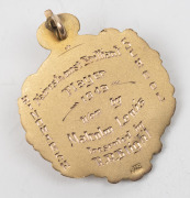 HINDMARSH SCHOOL, award fob in gold (9ct; 7.66g), ring at back for suspension, reverse inscribed, 'Hindmarsh / School / Fairest & most Brilliant / Player / 1949 / Won by / Malcolm Lewis / Presented by / R.R.Blight'. Extremely fine. Malcolm Lewis was in t - 2