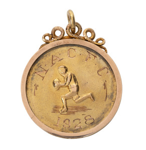NORTH ADELAIDE CENTRAL FOOTBALL CLUB, award fob in gold (9ct; 6.02g), by Sarre, scroll and ring top suspension, obverse inscribed, 'N.A.C.F.C. / 1928', reverse inscribed, 'Presented to / W.R.Kowalick / Fairest & Most / Brilliant Player / Season 1928'. Sup