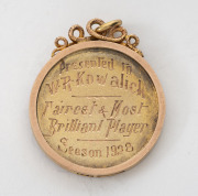 NORTH ADELAIDE CENTRAL FOOTBALL CLUB, award fob in gold (9ct; 6.02g), by Sarre, scroll and ring top suspension, obverse inscribed, 'N.A.C.F.C. / 1928', reverse inscribed, 'Presented to / W.R.Kowalick / Fairest & Most / Brilliant Player / Season 1928'. Sup - 2