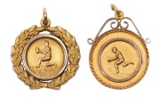 TWO NORTH HOBART FOOTBALL CLUB AWARDS TO RUPERT HIGGINS: an&nbsp;award fob in gold (9ct; 5.18g), by W (Willis), scroll and ring top suspension, reverse inscribed, 'Presented / By / Mr E.Preuss. / To/Rupert Higgins. / North Hobart /Club./ 1922'; and another awa
