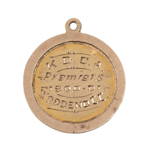 KYNETON DISTRICT CRICKET ASSOCIATION, prize medal in gold (9ct; 3.36g), by C.Leaney, ring top suspension, obverse inscribed, 'K.D.C.A. / Premiers / 1900-01 / Woodend C.C.', reverse inscribed, 'J.A.Mowbray'. Very fine.