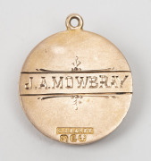 KYNETON DISTRICT CRICKET ASSOCIATION,&nbsp;prize medal in gold (9ct; 3.36g), by C.Leaney, ring top suspension, obverse inscribed, 'K.D.C.A. / Premiers / 1900-01 / Woodend C.C.', reverse inscribed, 'J.A.Mowbray'.&nbsp;Very fine. - 2