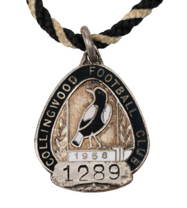 1958 COLLINGWOOD Membership fob (#1289), by K.G. Luke, with original black & white lanyard. A Premiership year!