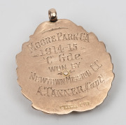 MOORE PARK CRICKET ASSOCIATION,&nbsp;prize fob in gold (9ct; 6.59g), by W.Kerr, obverse inscribed, 'A.T.', reverse inscribed, 'Moore Park C.A / 1914-15 / 'C' Gde. / won by / Newtown Mission C.C / A.Tanner, (Capt.)'.&nbsp;Very fine. - 2